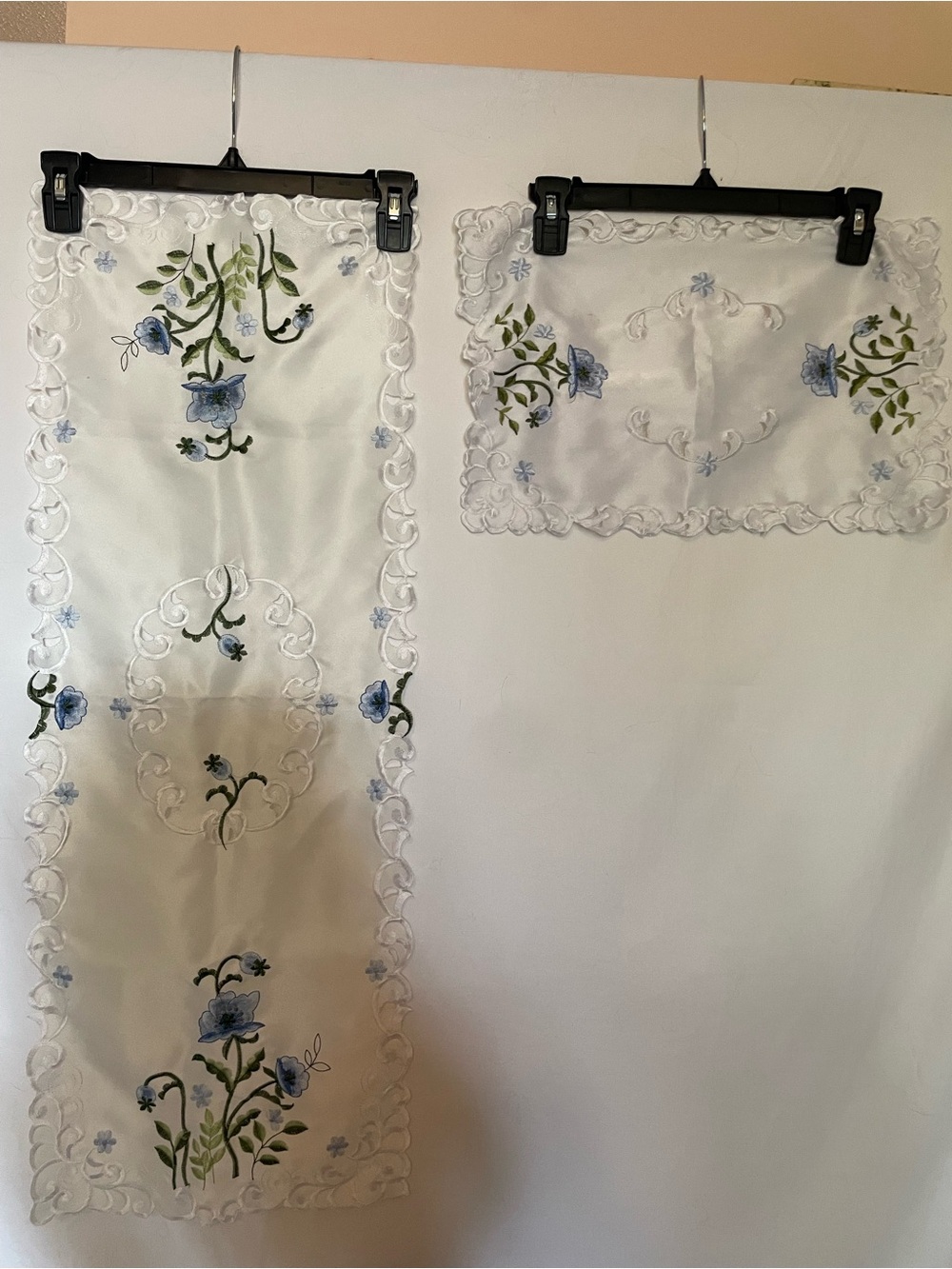 Embroidered Blue Floral Linen Runner & Doily Set